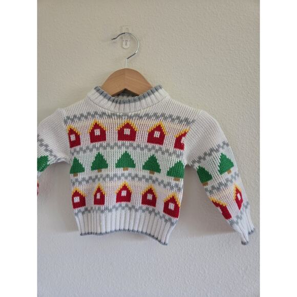 6-12m Vintage Hopscotch Knit Holiday Sweater With Trees And Cabins - Picture 2 of 4